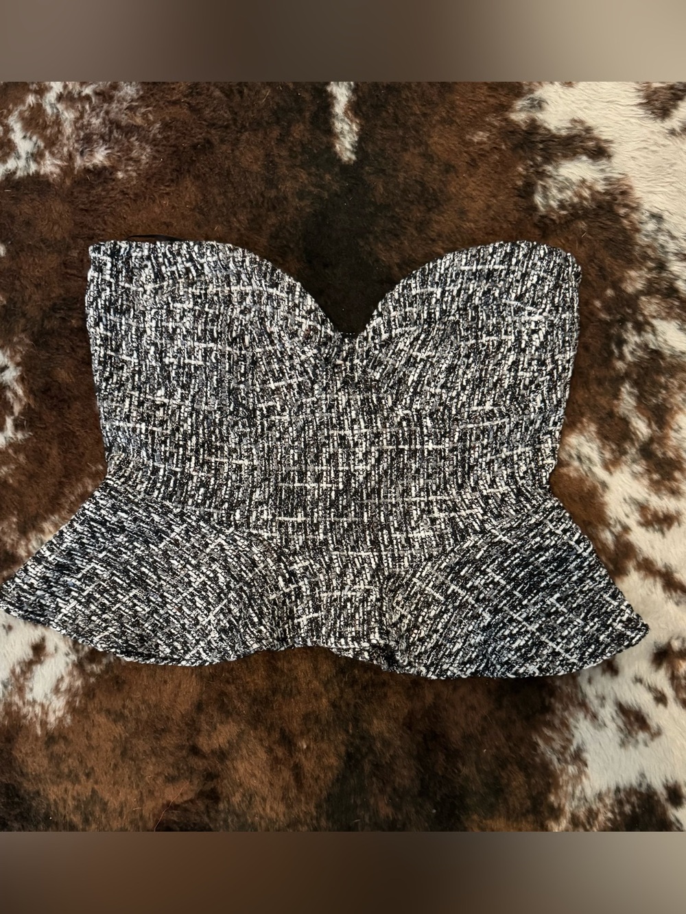 Blue Blush Black and White Strapless Tweed Peplum Crop Top - Small